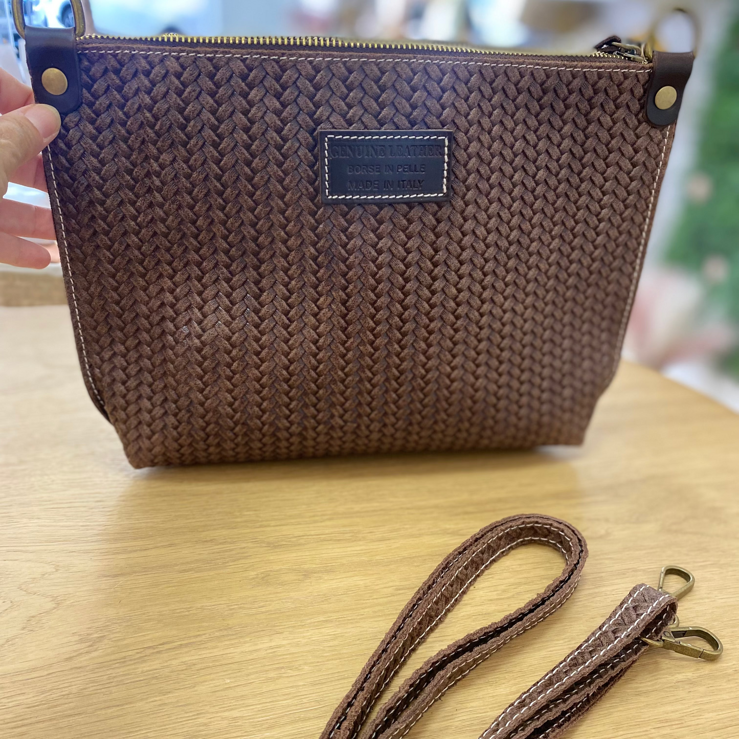 Bolso de piel 100% auténtica tipo bandolera rectangular efecto trenzado chocolate - mbyou