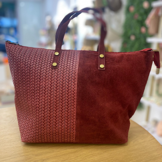 Bolso tipo shopper piel 100% vacuno combinando serraje y trenzado color granate - mbyou