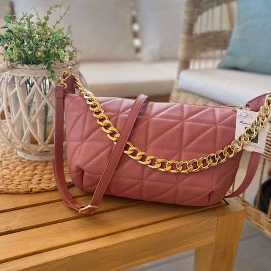 Bolso de piel 100% auténtica guateado con forma de luna y cadena dorada color rosa - mbyou