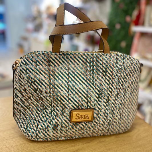 Bolso de mano mediano de rafia en colores entremezclados verde azulado y marrón - mbyou