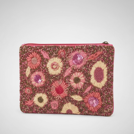 Cartera de mano 100% algodón con detalles florales bordados y cuentas color fucsia - Moments by You