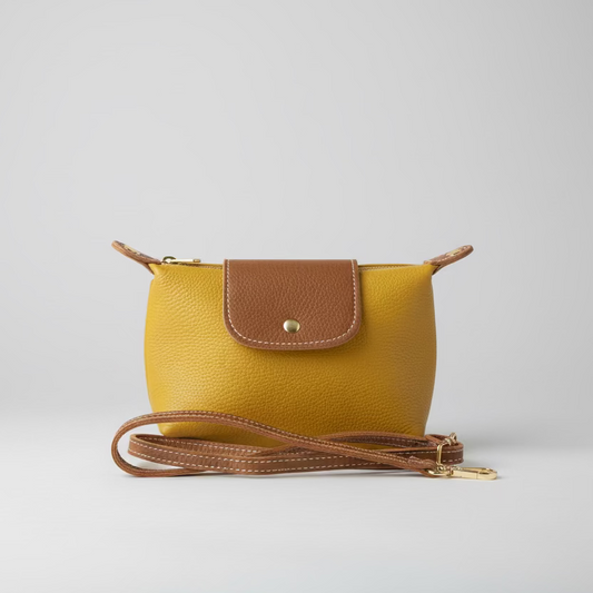 Bolso de mano piel 100% vacuno con solapa en color mostaza y camel