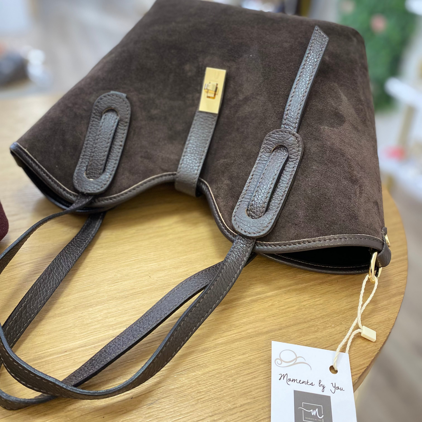 Bolso shopper de piel 100% vacuno acabado ante con neceser interior color marrón chocolate - mbyou