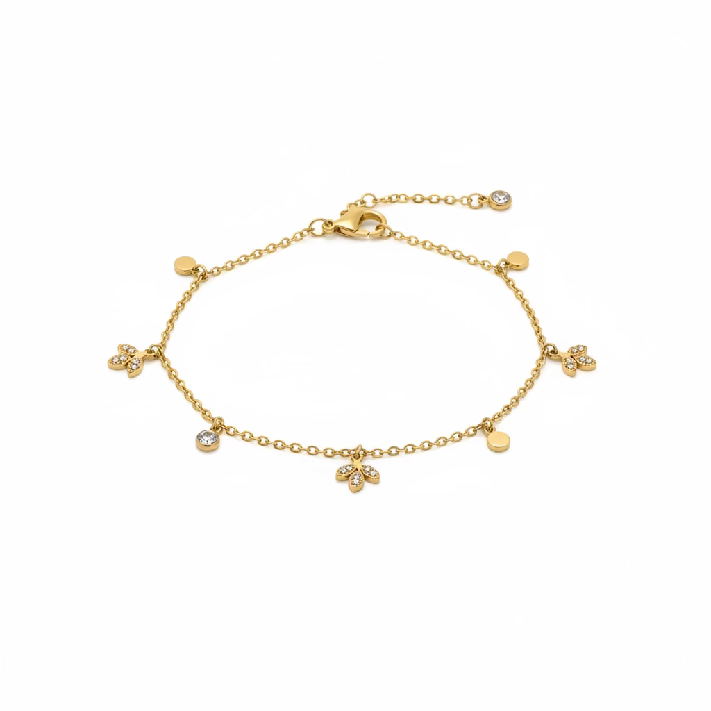 Tobillera de acero inoxidable con dijes de hojas con brillantes y circonitas acabado oro - Moments by You