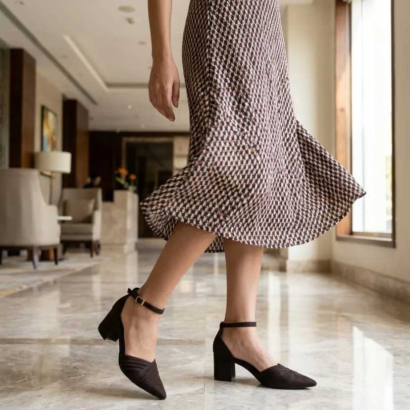 Zapatos de salón de mujer cerrados con pulsera al tobillo marrón chocolate