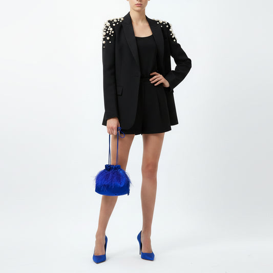 Bolso fiesta de mano tipo limosnera de raso azul con plumas - Moments by You