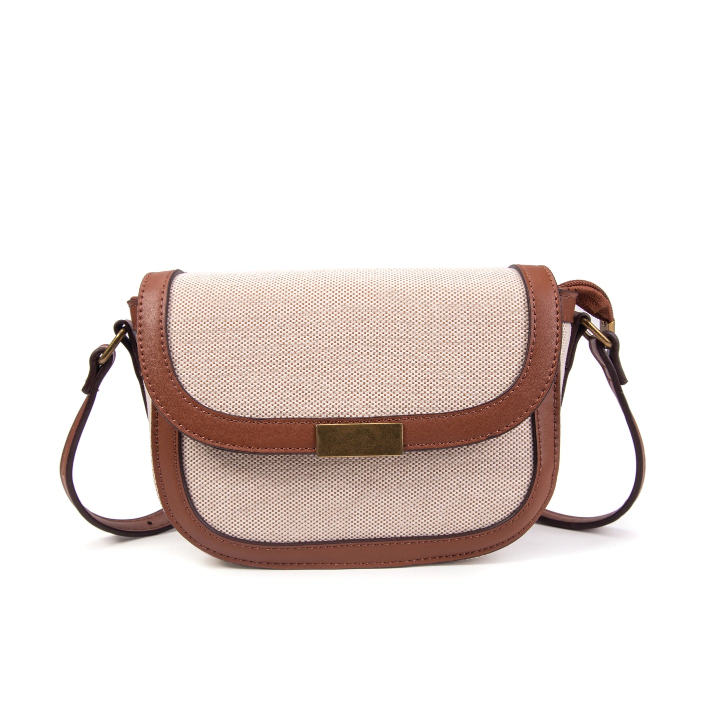 Bolso tipo bandolera combinada tela y piel acabado beige y marrón