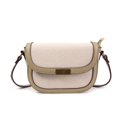 Bolso tipo bandolera combinada tela y piel acabado beige y verde claro