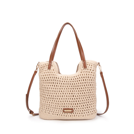 Bolso shopper tipo ganchillo en color beige combinado con camel