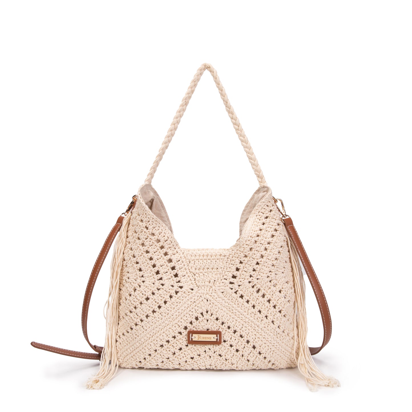 Bolso ganchillo de hombro y bandolera beige combinado con camel