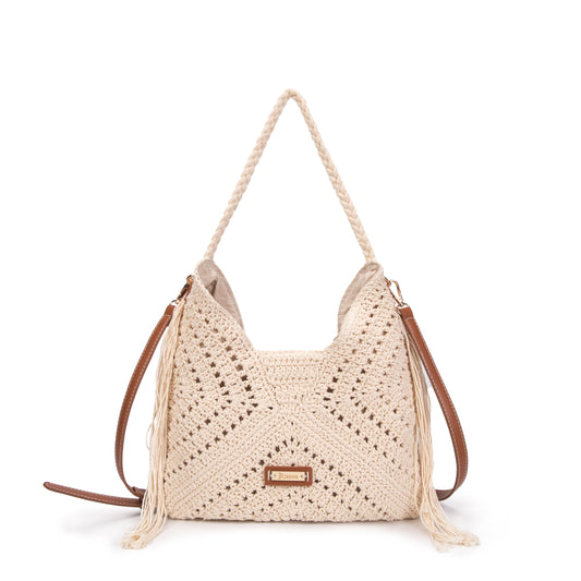 Bolso ganchillo de hombro y bandolera beige combinado con camel