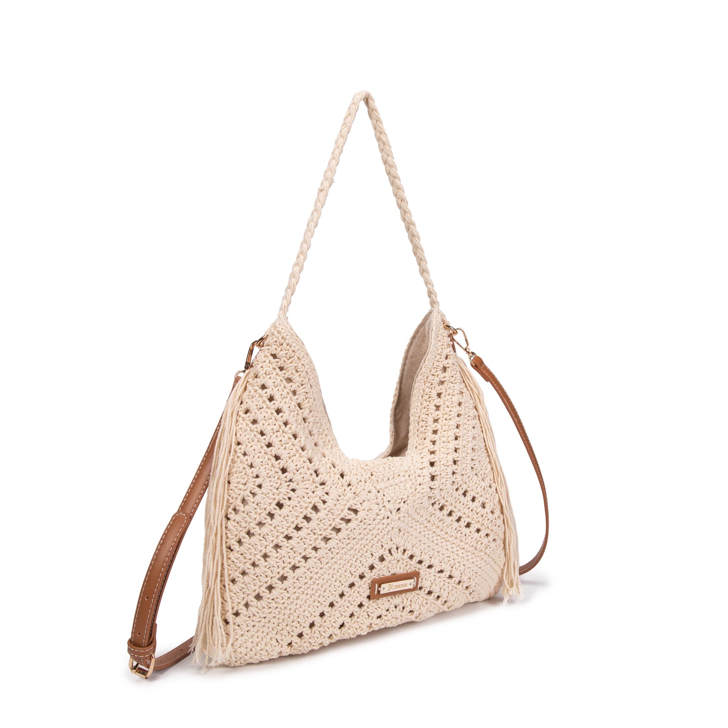 Bolso ganchillo de hombro y bandolera beige combinado con camel