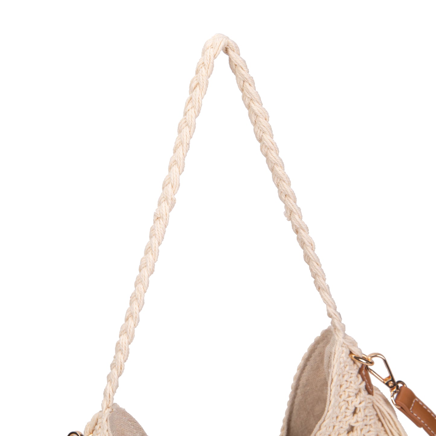 Bolso ganchillo de hombro y bandolera beige combinado con camel