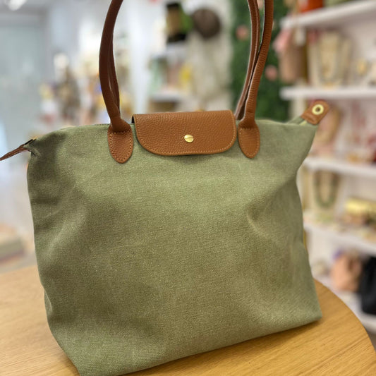 Bolso loneta y piel 100% auténtica tipo shopper color verde menta y solapa camel - mbyou