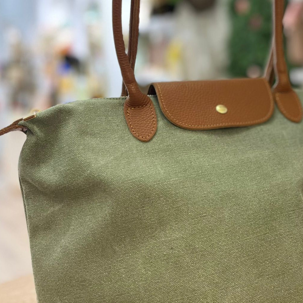 Bolso loneta y piel 100% auténtica tipo shopper color verde menta y solapa camel - mbyou