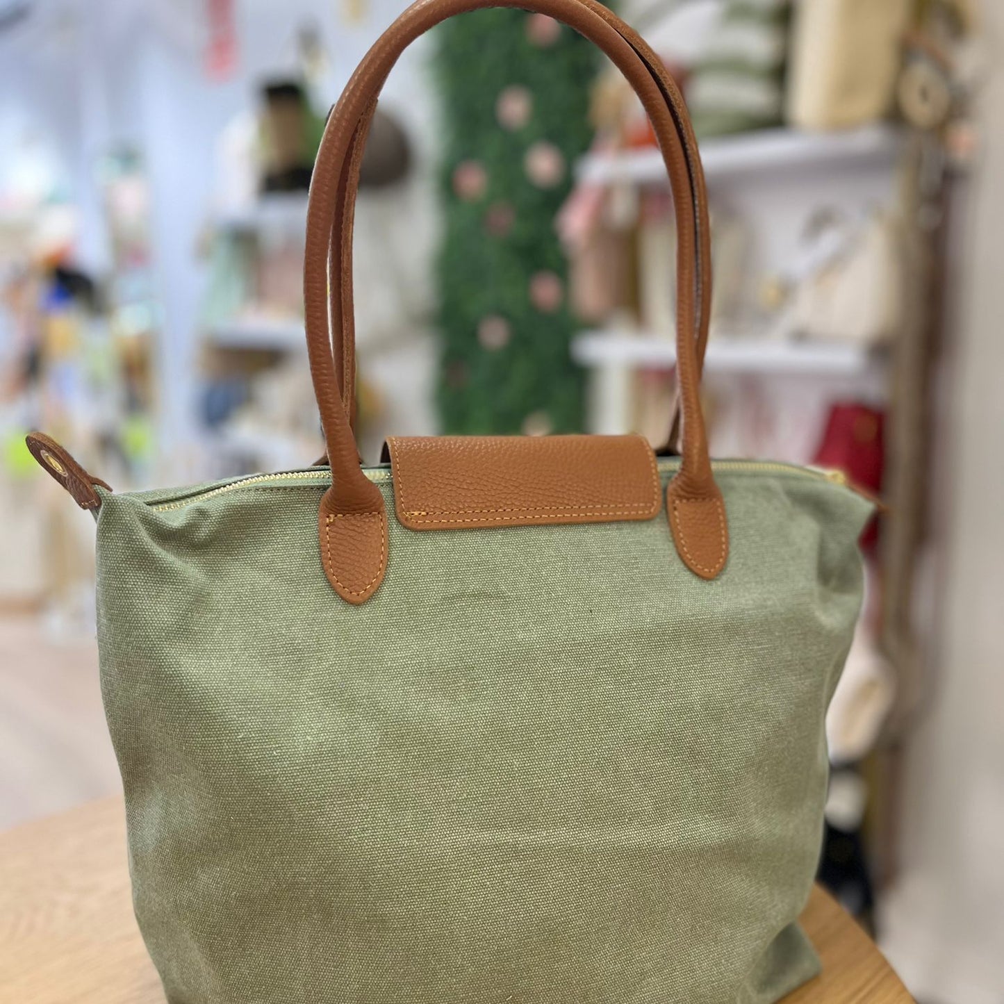 Bolso loneta y piel 100% auténtica tipo shopper color verde menta y solapa camel - mbyou