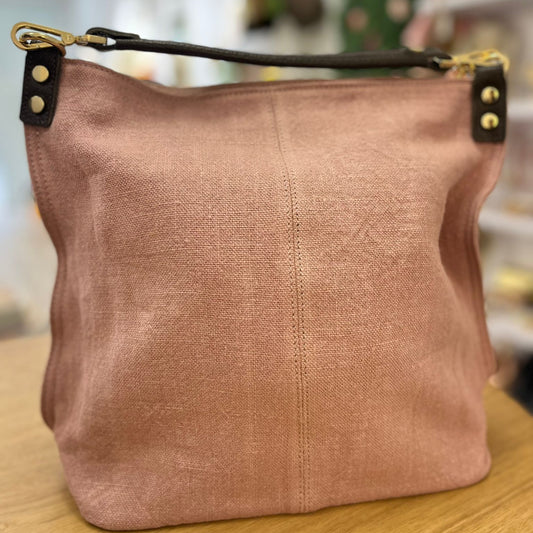 Bolso de lino y piel 100% auténtica tipo shopper color rosa combinado con chocolate - mbyou