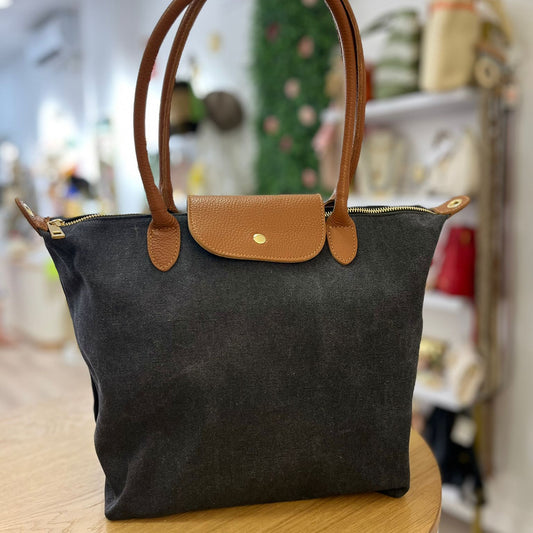 Bolso loneta y piel 100% auténtica tipo shopper color negro y solapa camel - mbyou