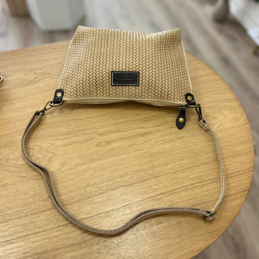 Bolso de piel 100% auténtica tipo bandolera rectangular efecto trenzado beige y chocolate - mbyou