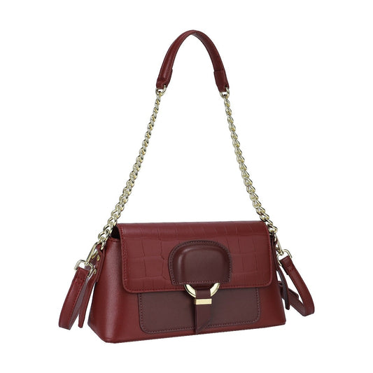 Bolso de mano y bandolera con forma rectangular y cierre con solapa en color burdeos y hebilla circular dorada - mbyou