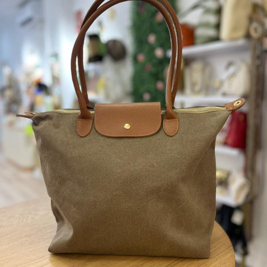 Bolso loneta y piel 100% auténtica tipo shopper color marrón y solapa camel - mbyou