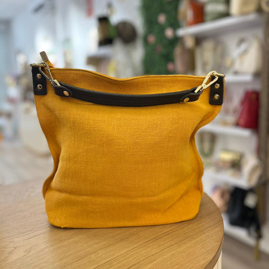 Bolso de lino y piel 100% auténtica tipo shopper color mostaza combinado con chocolate - mbyou