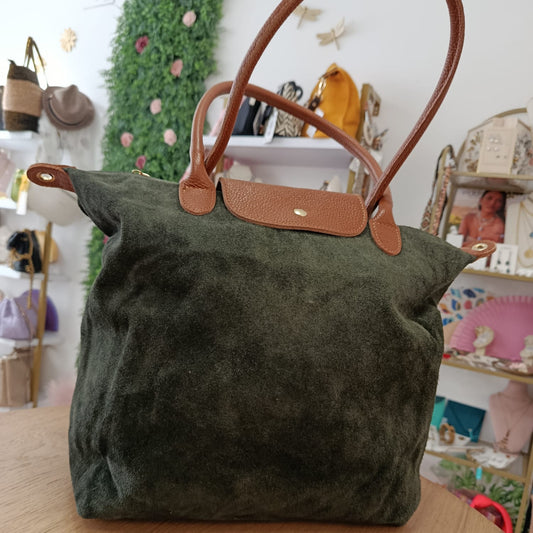 Bolso tipo shopper mediano de piel serraje 100% vacuno con asas grandes color verde - mbyou
