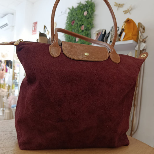 Bolso tipo shopper mediano de piel serraje 100% vacuno con asas grandes color burdeos - mbyou