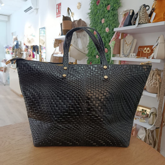 Bolso tipo shopper de piel 100% vacuno con trenzado geométrico color negro - mbyou