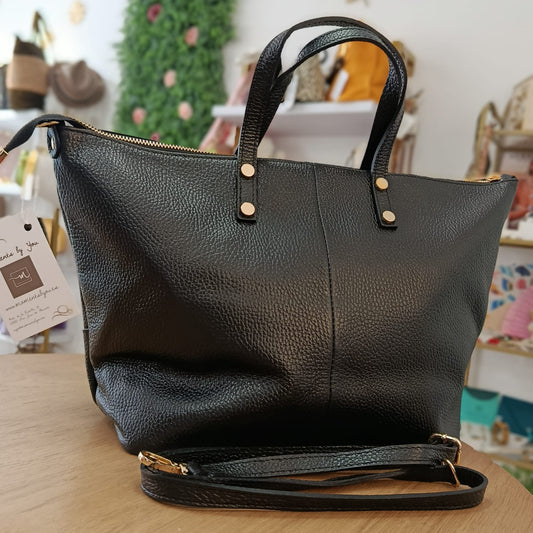 Bolso tipo shopper de piel 100% vacuno con asas pequeñas y tachuelas color negro - mbyou