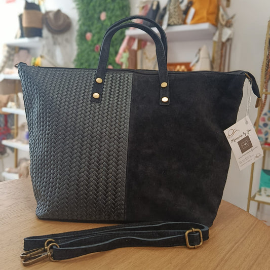 Bolso tipo shopper piel 100% vacuno combinando serraje y trenzado color negro - mbyou