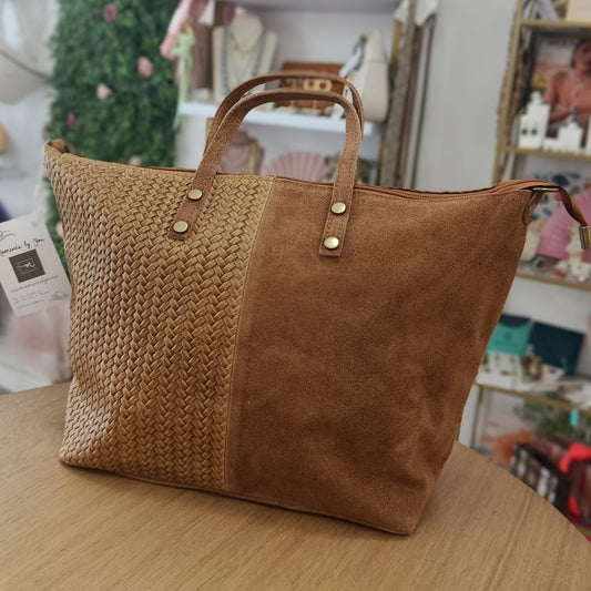 Bolso tipo shopper piel 100% vacuno combinando serraje y trenzado color camel - mbyou