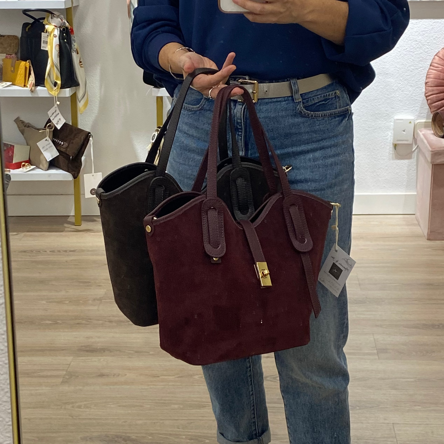 Bolso shopper de piel 100% vacuno acabado ante con neceser interior color marrón chocolate - mbyou