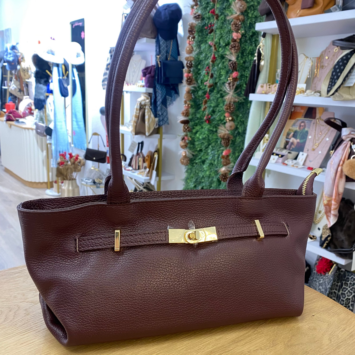 Bolso de hombro piel 100% auténtica con asas largas color burdeos