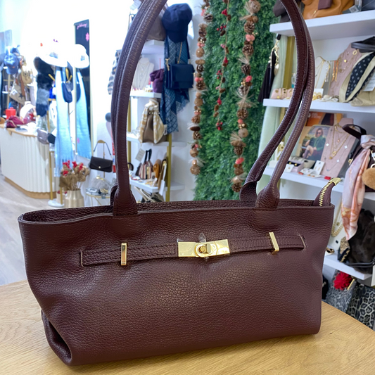 Bolso de hombro piel 100% auténtica con asas largas color burdeos