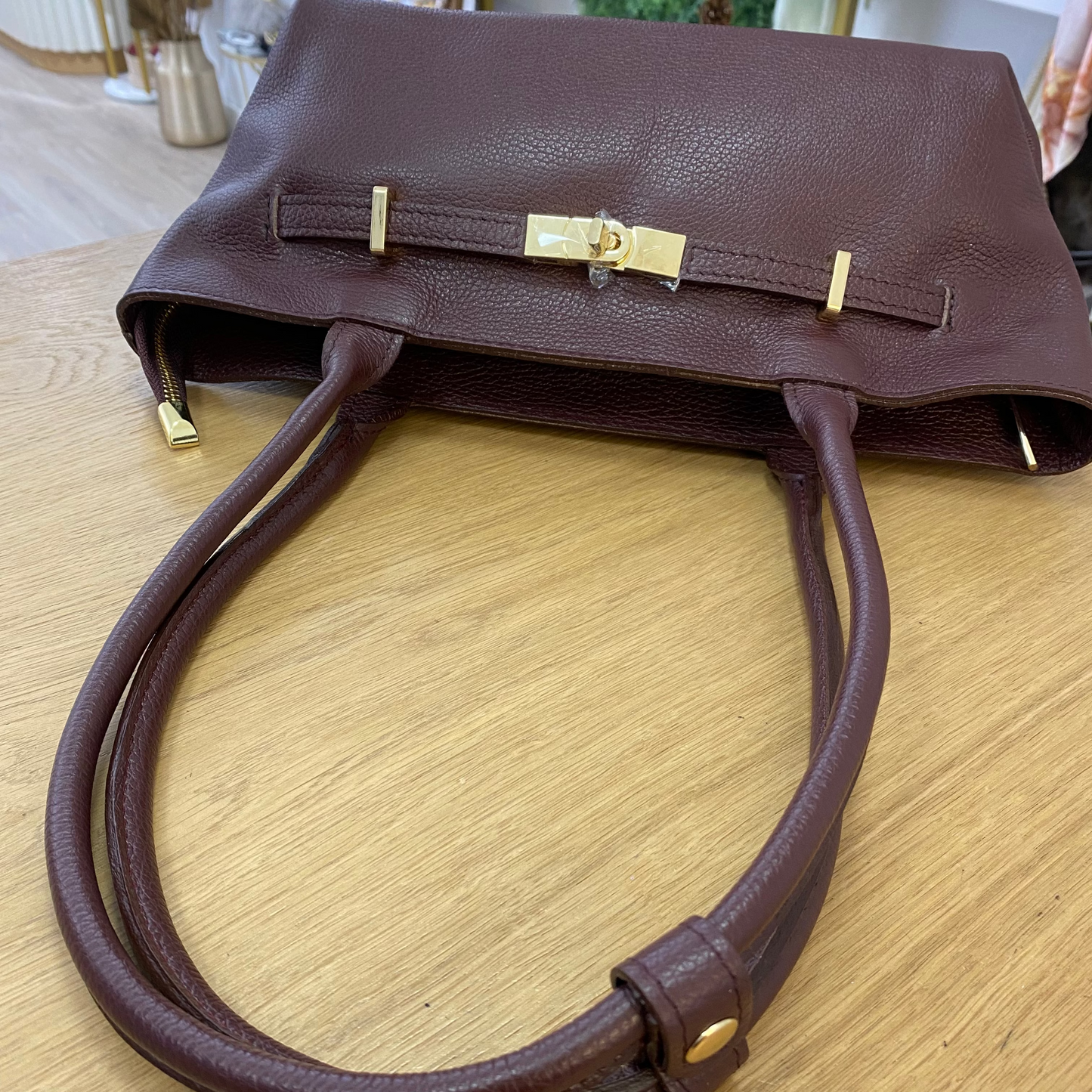 Bolso de hombro piel 100% auténtica con asas largas color burdeos