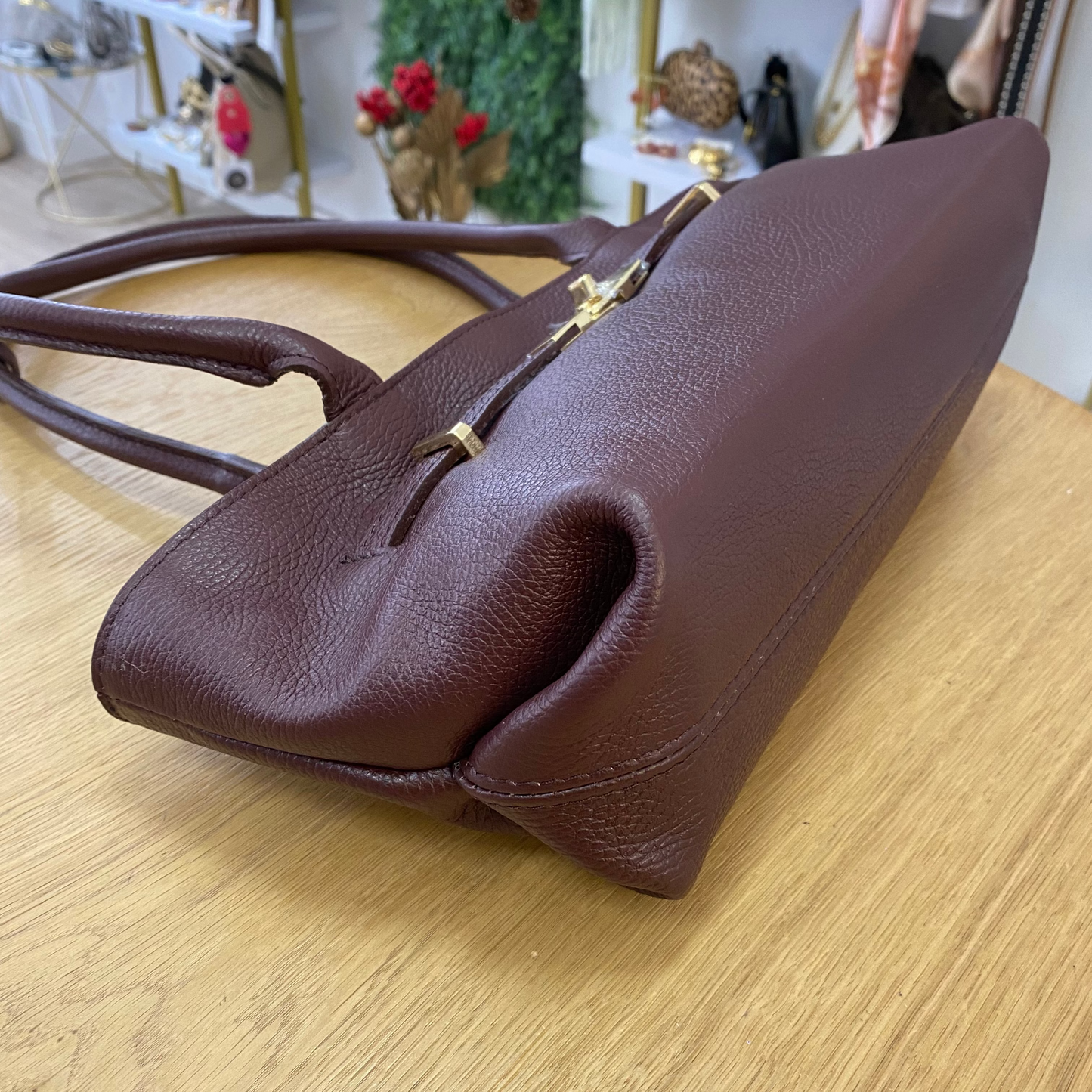 Bolso de hombro piel 100% auténtica con asas largas color burdeos