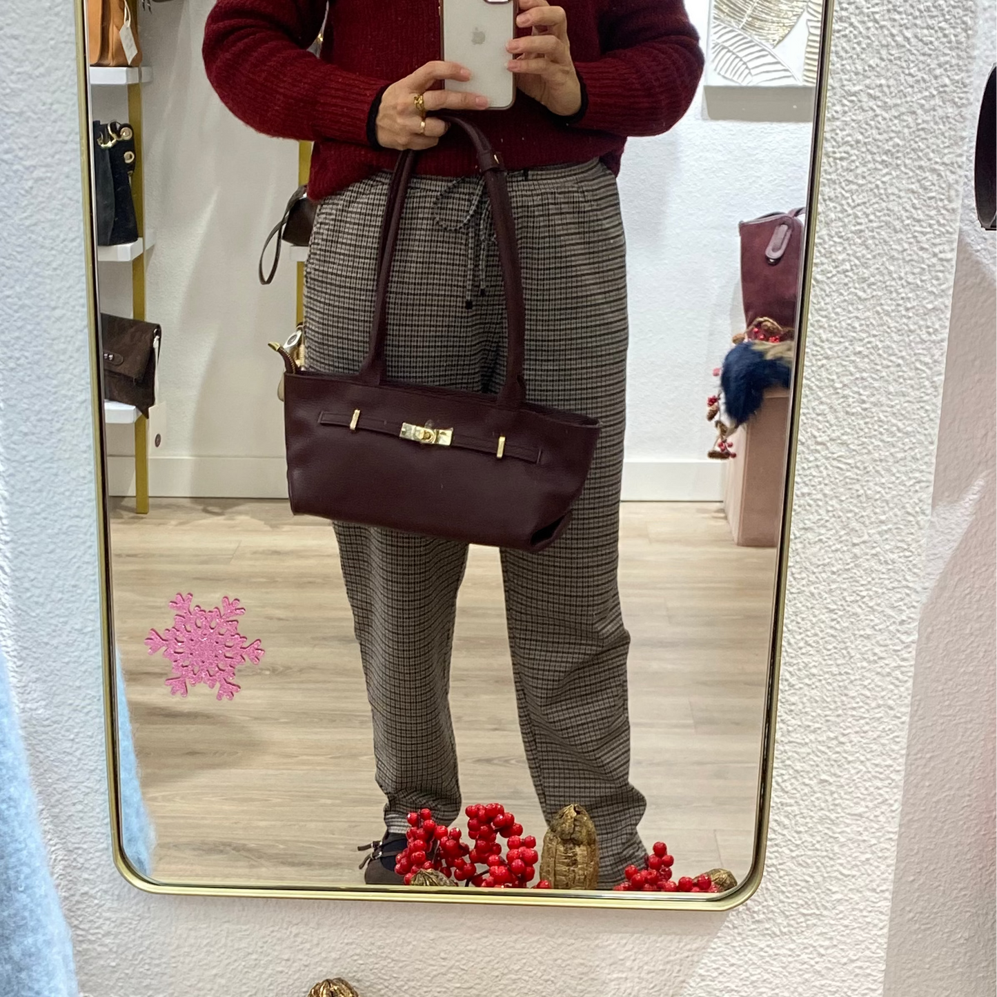 Bolso de hombro piel 100% auténtica con asas largas color burdeos