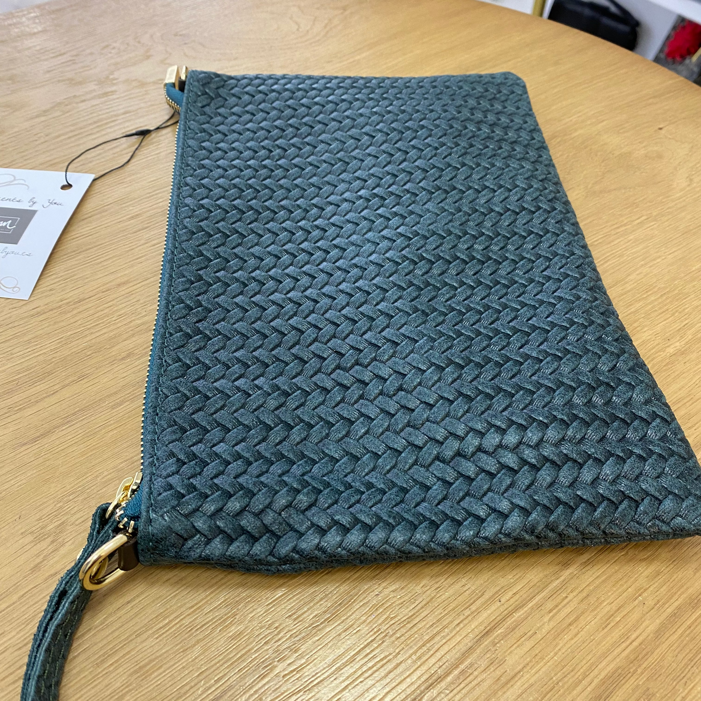 Bolso bandolera de piel 100% vacuno trenzado color verde azulado