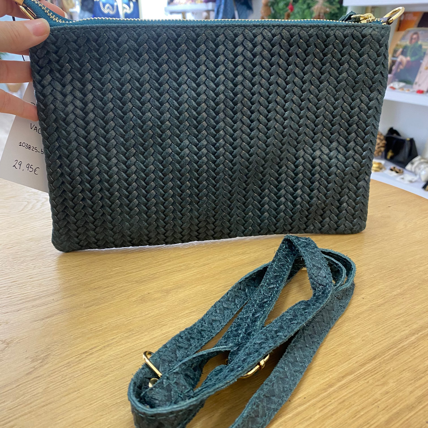Bolso bandolera de piel 100% vacuno trenzado color verde azulado