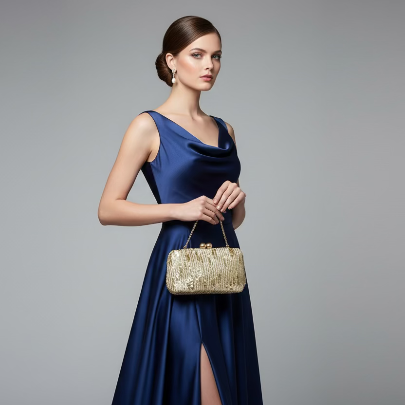Bolso clutch con hileras de lentejuelas diferentes acabado oro - Moments by You