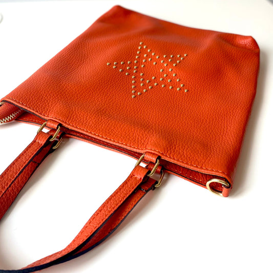 Bolso de piel auténtica 100% vacuno tipo shopper naranja con estrella dorada tachuelas