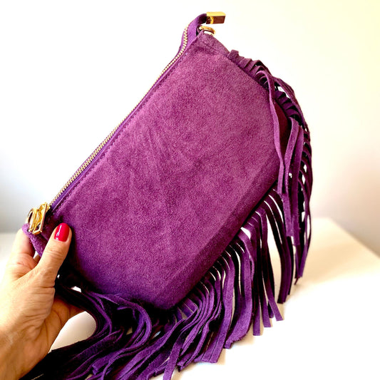 Bolso de piel de ante 100% auténtica con flecos morado