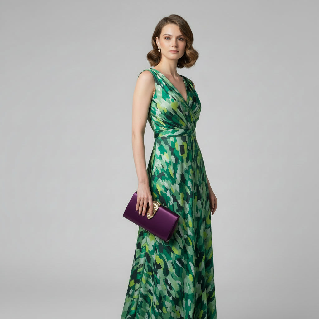 Bolso de mano fiesta de raso color berenjena y cierre hoja dorada - Moments by You