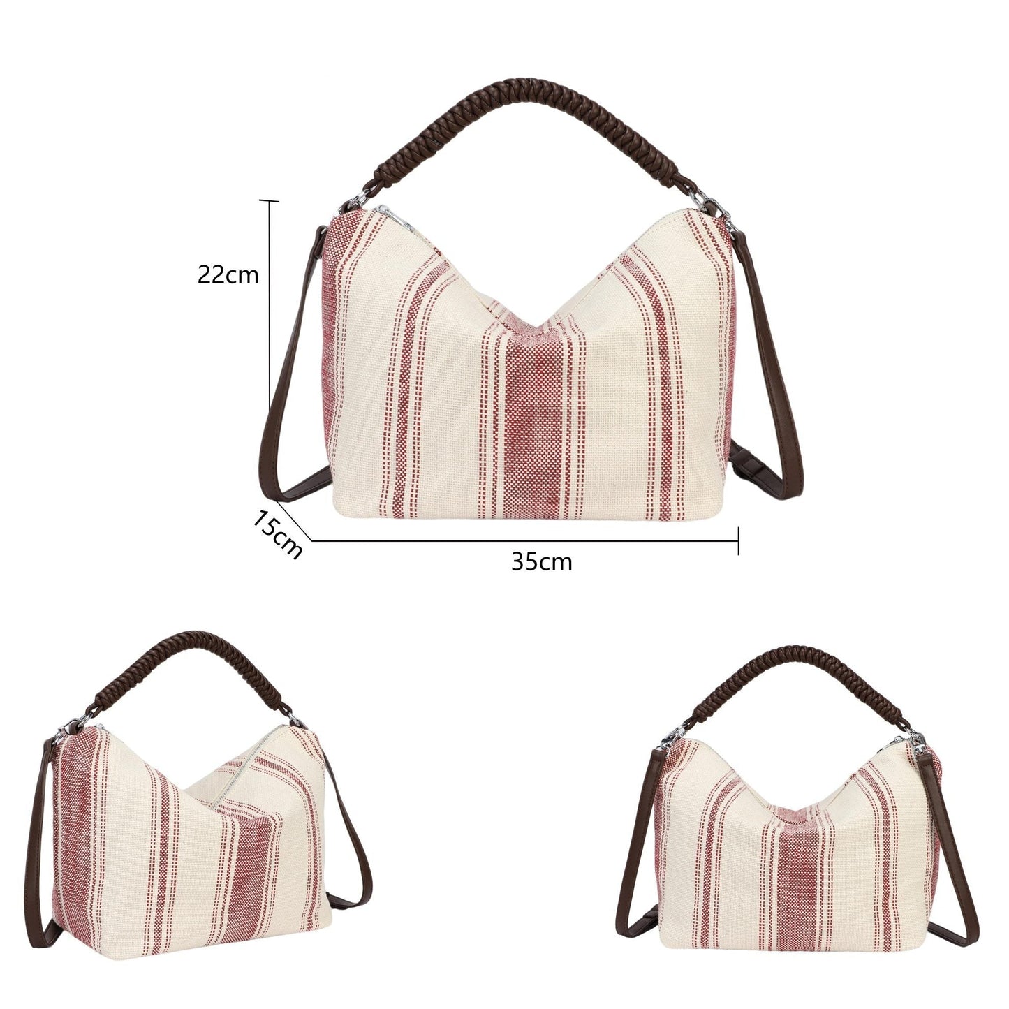 Bolso de mano y bandolera de tejido con rayas y asas chocolate - Moments by You
