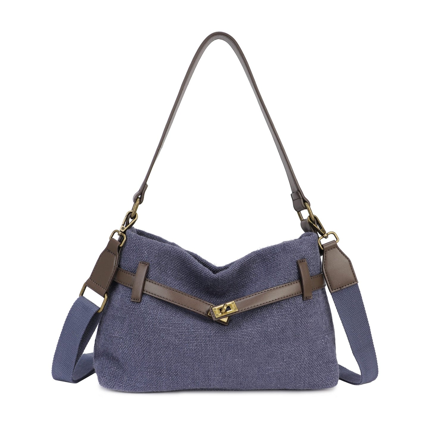 Bolso de hombro de lino con cinturón y hebilla color azul marino