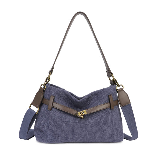 Bolso de hombro de lino con cinturón y hebilla color azul marino