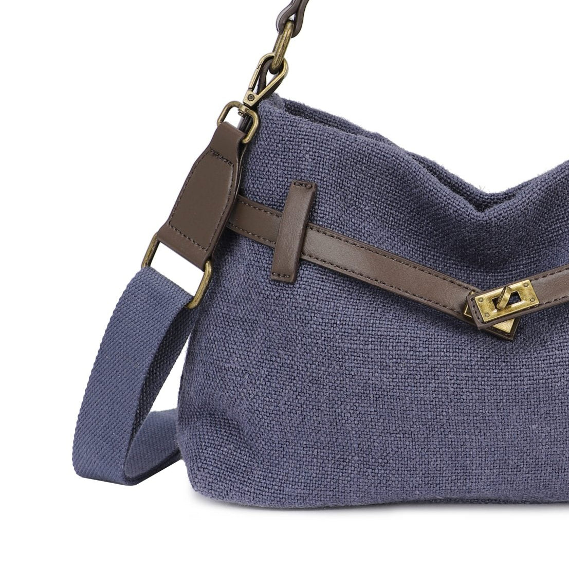 Bolso de hombro de lino con cinturón y hebilla color azul marino