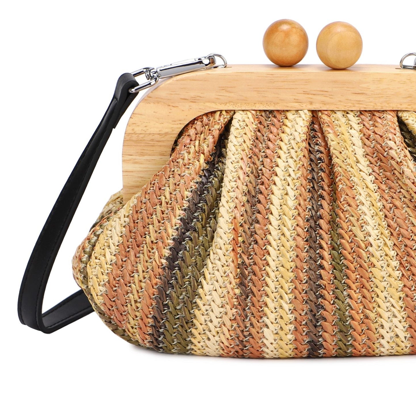 Bolso pochette y bandolera tipo rafia rayas de colores verdes/nude y cierre de madera