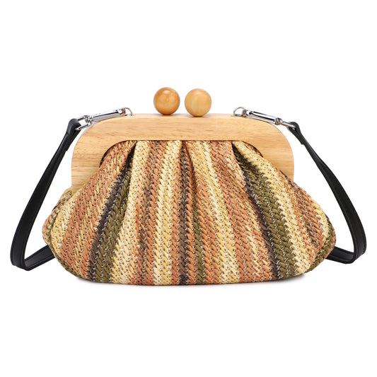 Bolso pochette y bandolera tipo rafia rayas de colores verdes/nude y cierre de madera